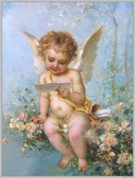 ángel floral leyendo una carta flores clásicas de Hans Zatzka Pinturas al óleo